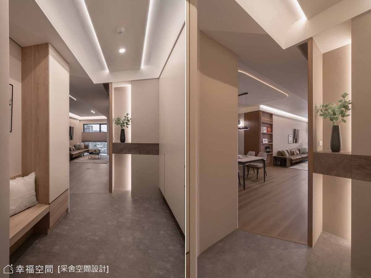 玄關以溫潤木質與灰階地坪打造現代風格,搭配間接照明,營造沉穩大器的迎賓氛圍。(圖/幸福空間-采舍空間設計)